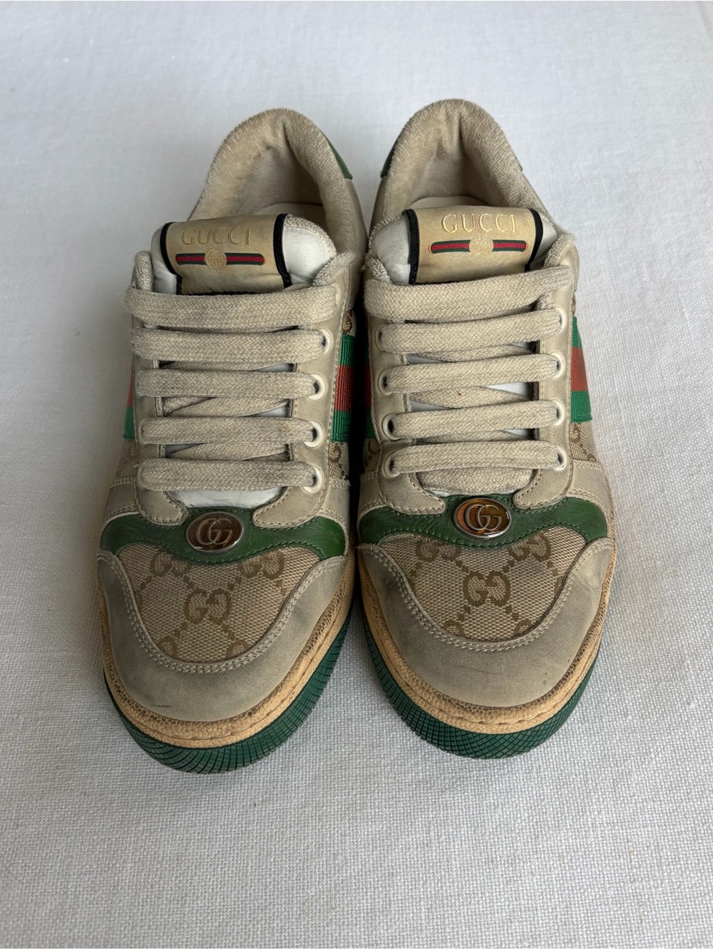 Gucci Beige & Green Monogram Low-Top Sneakers with Red Accent